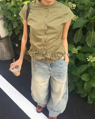 Cap-sleeve drawstring pocket button blouse