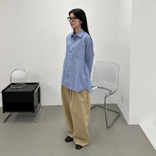 Cotton wide-leg long pants with elastic waistband