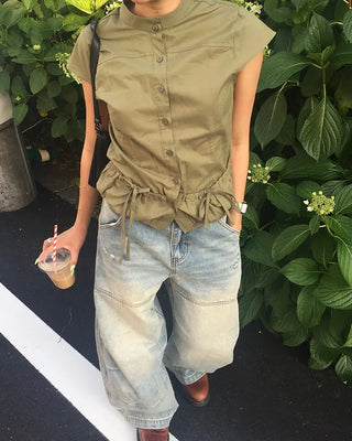 Cap-sleeve drawstring pocket button blouse