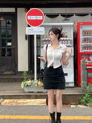 Pocket short-sleeved cropped shirt