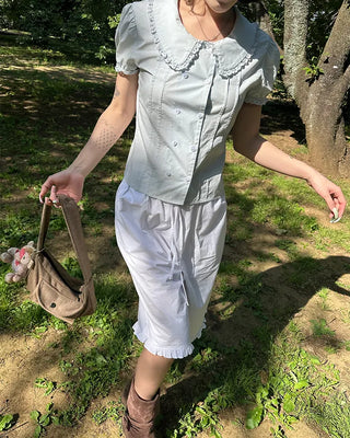 Frill hem easy wide half pants