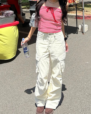 Ivory pleated cargo flare pants