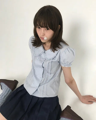 [6th Re-release] (ORIGINAL) Heart Button Lace Puff Blouse
