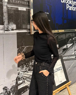 See-through two-tone simple T-shirt