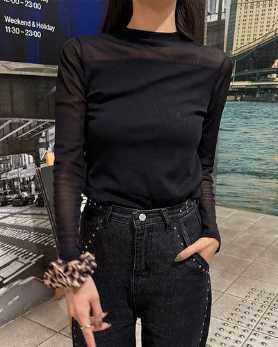 See-through two-tone simple T-shirt