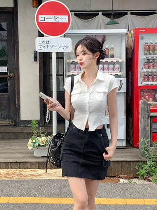 Pocket short-sleeved cropped shirt
