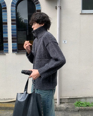 High-neck button-point cardigan