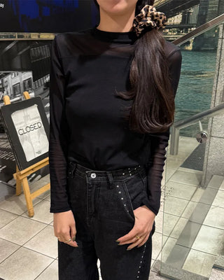 See-through two-tone simple T-shirt
