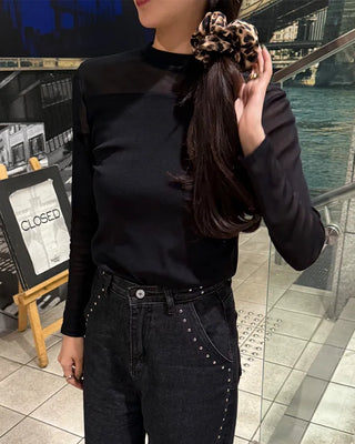 See-through two-tone simple T-shirt