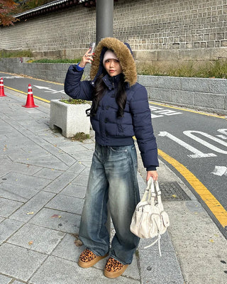 Loop button attached fur hood short down jacket