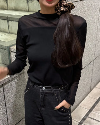 See-through two-tone simple T-shirt