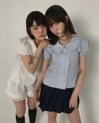 [6th Re-release] (ORIGINAL) Heart Button Lace Puff Blouse