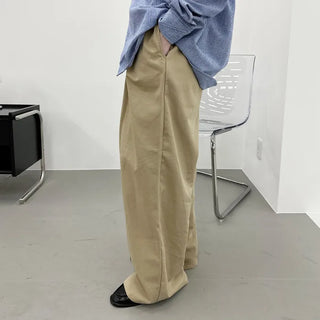 Cotton wide-leg long pants with elastic waistband