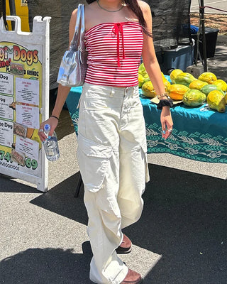 Ivory pleated cargo flare pants