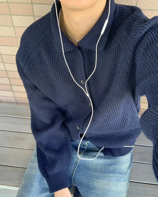 Ribbed collar button cardigan