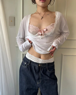 Wide Lace Waist Flower Rib Shorts
