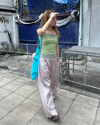 2-way hem satin easy pants