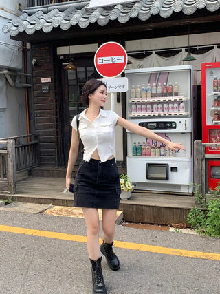 Pocket short-sleeved cropped shirt