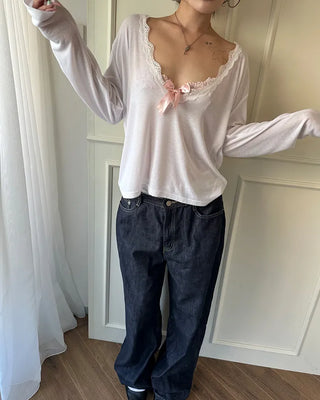 Lace Deep V-Neck Long Sleeve Cut and Sewn