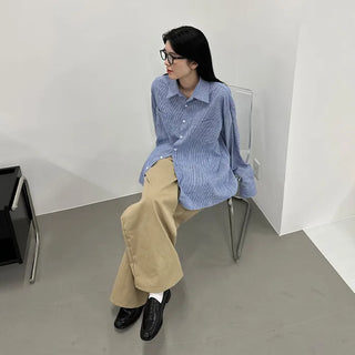 Cotton wide-leg long pants with elastic waistband