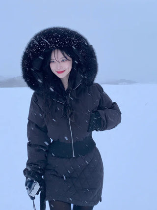 Cropped down jacket with fur hood