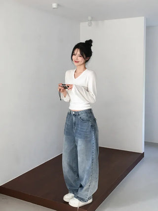 Shirred V-neck T-shirt