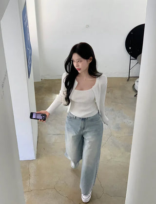 Pocket denim wide-leg pants
