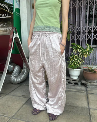 2-way hem satin easy pants