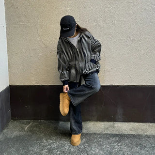 Striped knit hooded zip-up