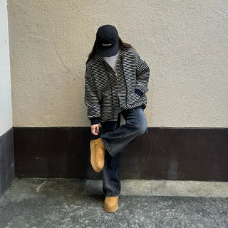 Striped knit hooded zip-up