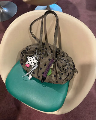 Outer pocket side gathered polka dot Boston bag