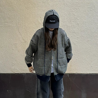 Striped knit hooded zip-up