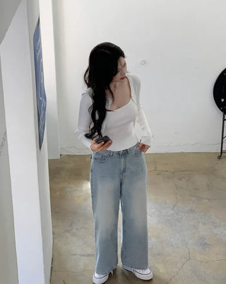 Pocket denim wide-leg pants