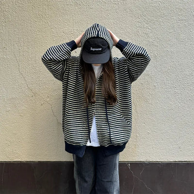 Striped knit hooded zip-up