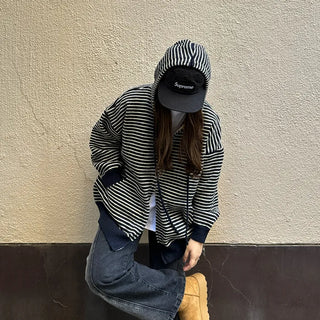 Striped knit hooded zip-up