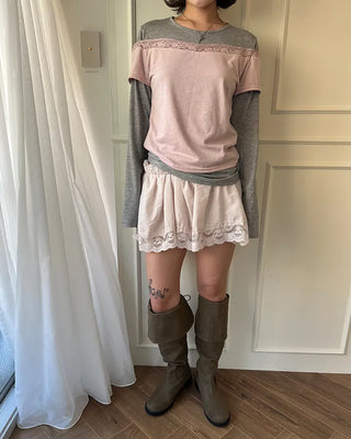 Lace off-shoulder layered long t-shirt