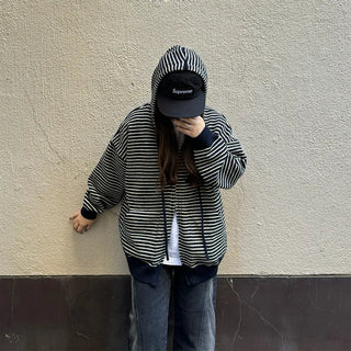 Striped knit hooded zip-up