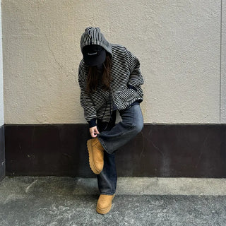 Striped knit hooded zip-up