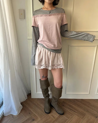 Lace off-shoulder layered long t-shirt