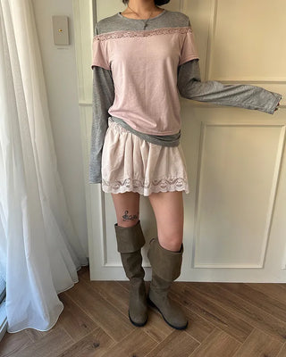 Wide lace hem mini flare skirt