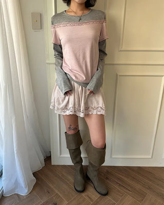 Wide lace hem mini flare skirt