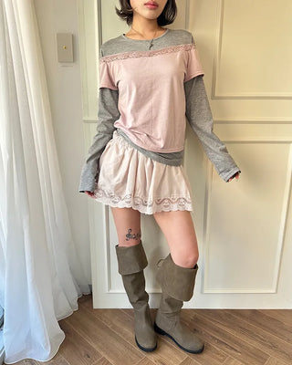 Lace off-shoulder layered long t-shirt