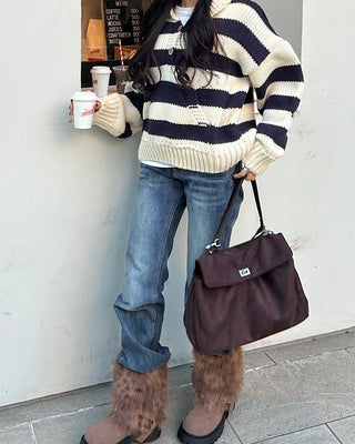 High-gauge knit polo neck wide striped sweater