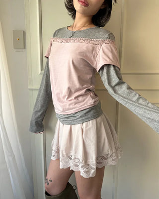 Lace off-shoulder layered long t-shirt
