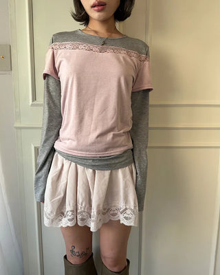 Lace off-shoulder layered long t-shirt