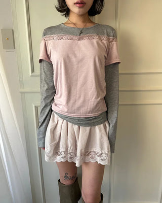Lace off-shoulder layered long t-shirt