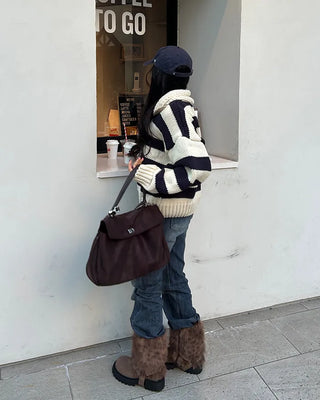 High-gauge knit polo neck wide striped sweater