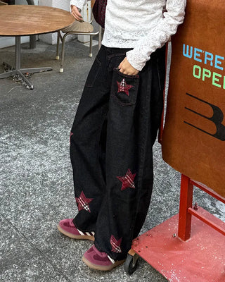 Check Star Patch Point Denim Pants