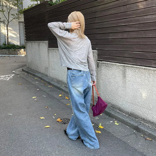 Washed wide-leg long denim pants