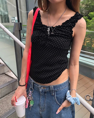 Pindot Ribbon Gathered Elastic Tank Top